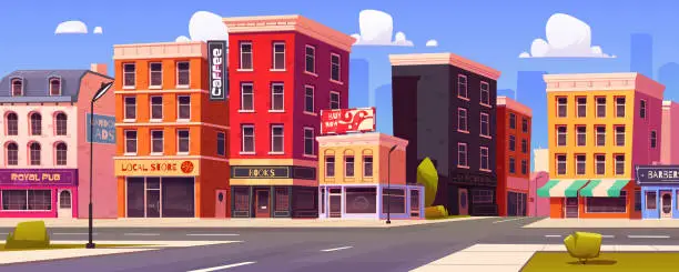 Vector illustration of Cartoon city street corner with buildings