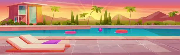 Vector illustration of Cartoon swimming pool near villa at sunset
