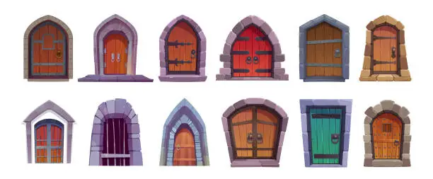 Vector illustration of Cartoon set of medieval castle doors