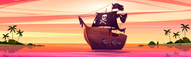 istock Pirate ship near sea island beach sunset cartoon 1548804675