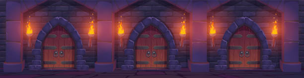 istock Cartoon medieval castle dangeon with wooden doors 1548810306