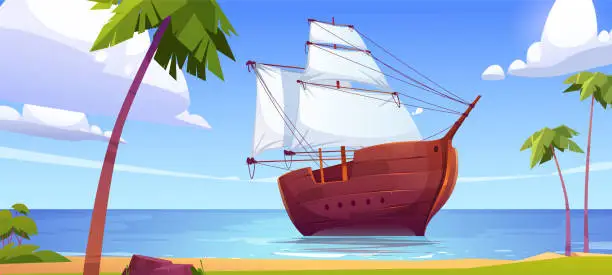 Vector illustration of Cartoon retro boat with white sails