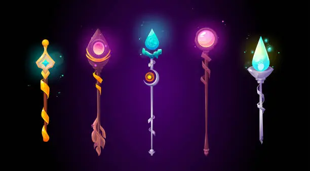 Vector illustration of Set of magic power staffs isolated on background