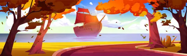 Vector illustration of Cartoon boat with red sails in sea, autumn park