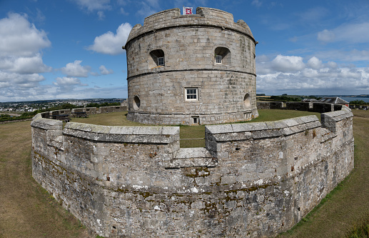 Pendennis Castle, Falmouth, Cornwall, UK - July 5, 2023. A landscape view of the Fortress and Keep at Pendennis Castle, Falmouth which was built by King Henry VIII.