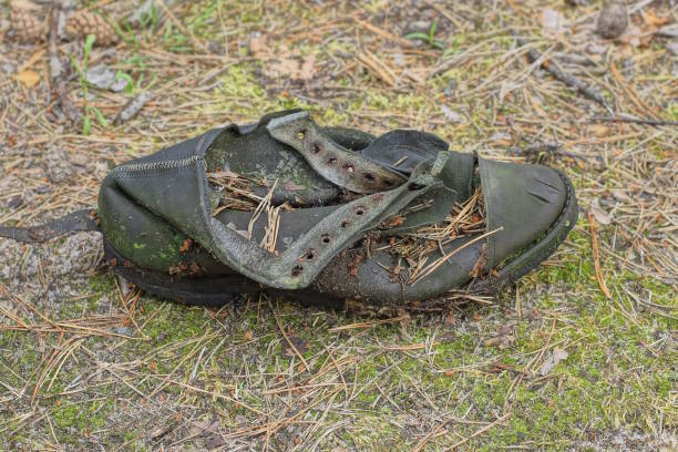 istock one old black dirty torn leather shoe lies on the ground 1548843743