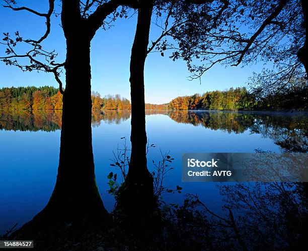 Hermosos Colores Otoñales En El Bosque De Que Reflejan Tranquilo Lago Al Amanecer Foto de stock y más banco de imágenes de Japón