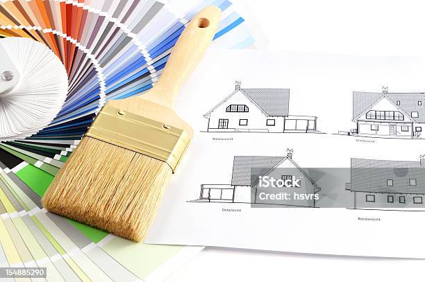 Muestra De Colores Para Su Casa Mejora Blueprints Y Pincel Foto de stock y más banco de imágenes de Amarillo - Color