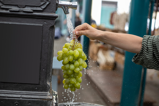 rinsing a bunch of white grapes with water at market