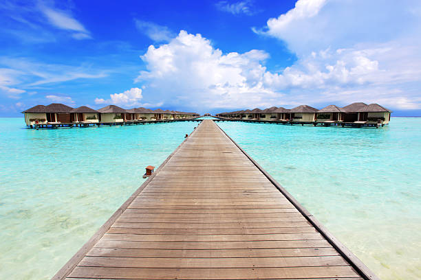 istock Bridge leading to  bungalow on the water. 154888651