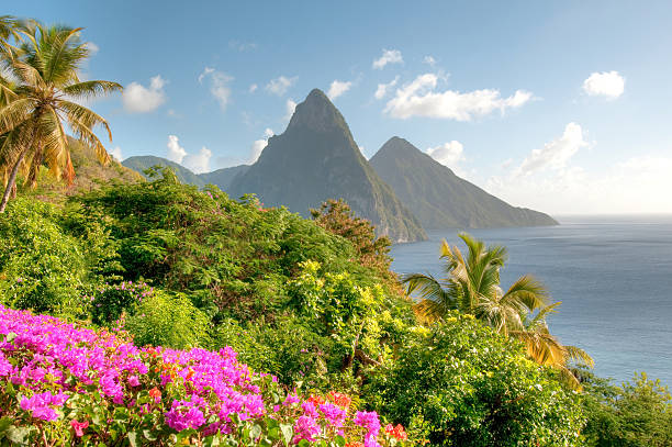 St. Lucia's Twin Pitons at Sunrise stock photo