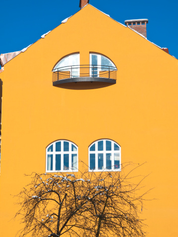 Yellow wall, two unusual windows, on top small balcony. At the bottom tree partly covered with snow. Ljubljana, Slovenia