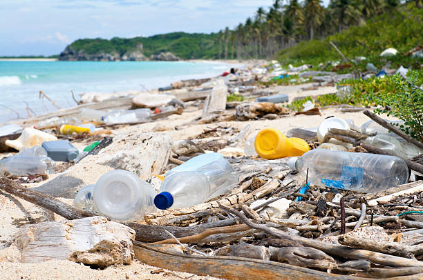 сброс океан — всего загрязнения на тропический пляж - plastic стоковые фото и изображения