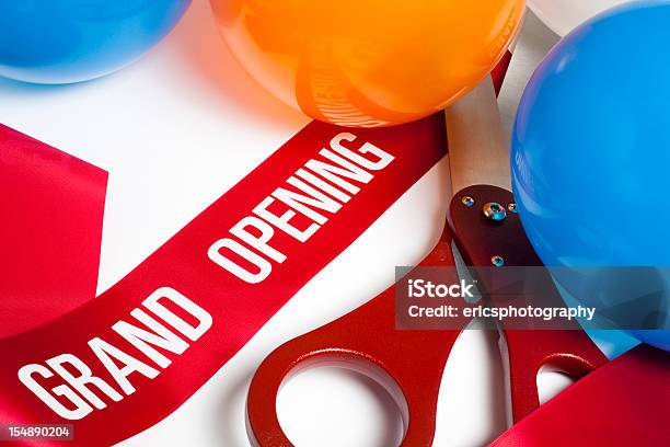 Grand Opening Ribbon Balloons And Scissors Stock Photo - Download Image Now - Opening Ceremony, Ribbon - Sewing Item, Celebration