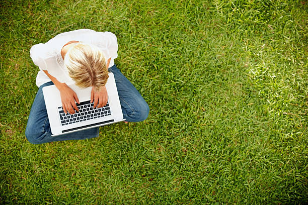 istock Young woman sitting on green grass and using laptop 154890247