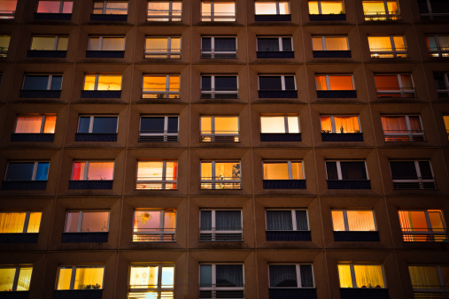 Illuminated Windows Building By Night Nobody
