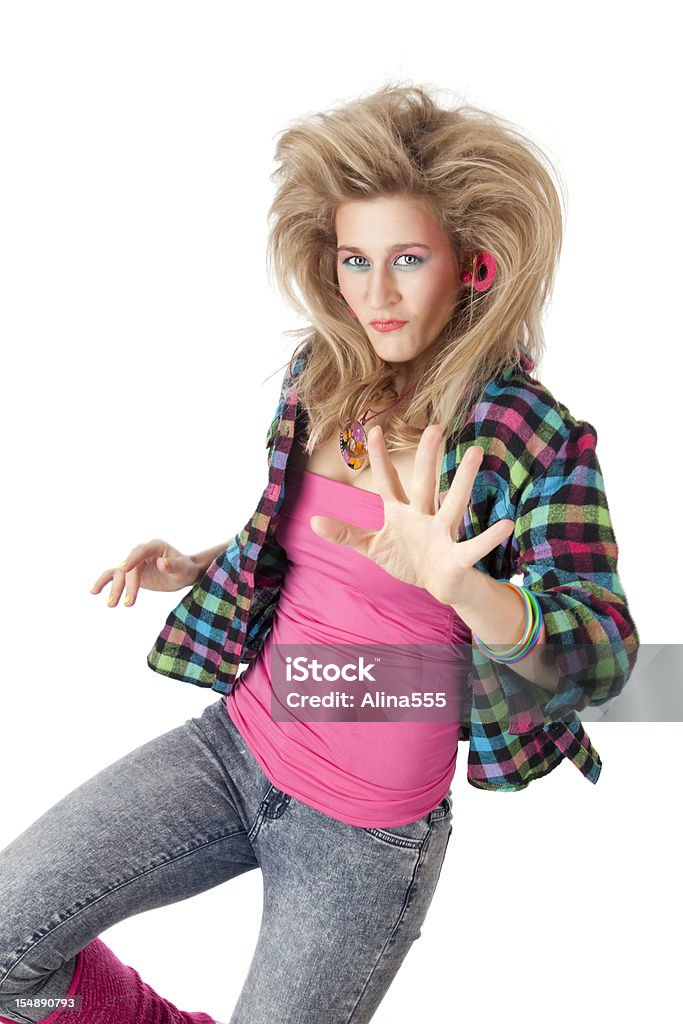 Retro revival: young blond woman with 80s hairstyle and makeup Retro revival: beautiful brunette woman with 80s big hair and makeup dancing on white. You might also be interested in these:  1980-1989 Stock Photo