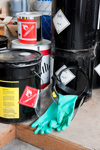 Piled buckets and cans of hazardous chemicals along with the face shield and gloves to handle them. Skull and cross bones symbol and flammable liquids.