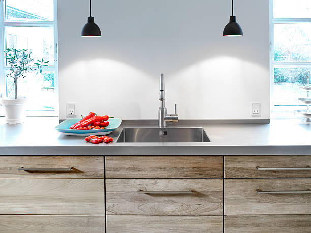 Kitchen table and sink stock photo