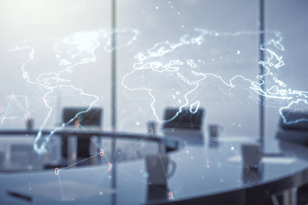istock Multi exposure of abstract creative digital world map hologram on a modern meeting room background, research and analytics concept 1548928511