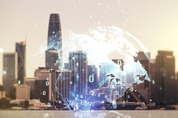 istock Multi exposure of abstract creative coding sketch and world map on San Francisco city skyline background, artificial intelligence and neural networks concept 1548930610
