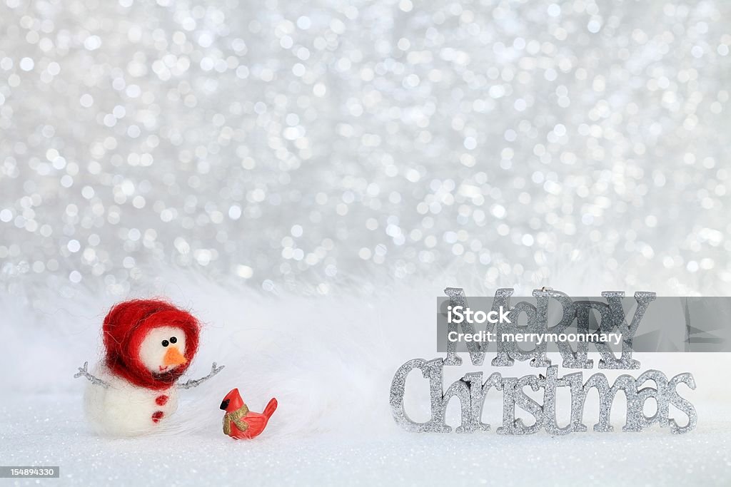 Merry Christmas Cardinal XXXL photo – macro of a cute little girl snowman with a red hood who is surprised to see a cardinal bird in the snow.  Short depth of field with focus on her eyes to create the blurry sparkle snowy background for copy space.  glittered letters spell out 'Merry Christmas'  Christmas Stock Photo