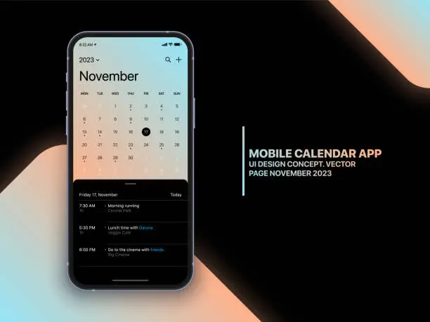 Vector illustration of Mobile App Calendar 2023 with To Do List and Tasks Vector UI UX Design Concept