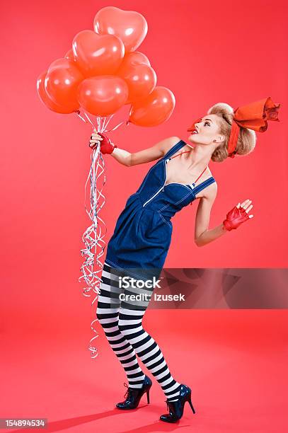 Fashion Portrait Of Woman With Red Balloons Stock Photo - Download Image Now - 20-24 Years, Adult, Adults Only