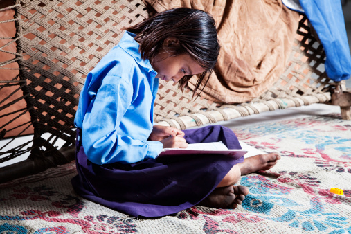 indian schoolgirl doing her homework  at home