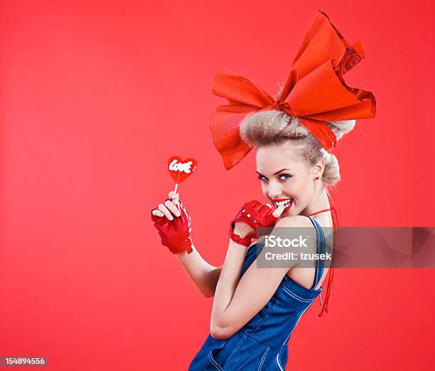Happy Woman With Red Lollipop Stock Photo - Download Image Now - Fashion, Glove, Red
