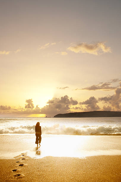 夕暮れ時のビーチにいる女性 - point reyes national seashore northern california beach california ストックフォトと画像