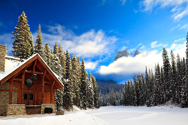 mountain lodge e pista di pattinaggio - winter chalet snow residential structure foto e immagini stock