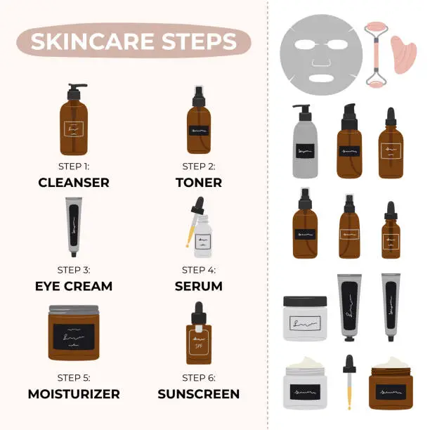 Vector illustration of Basic morning and nighttime skincare routine steps infographic with extra cosmetics. Cleanser, tonner, serum, treatments, cream, lotion product. Hand draw vector illustration