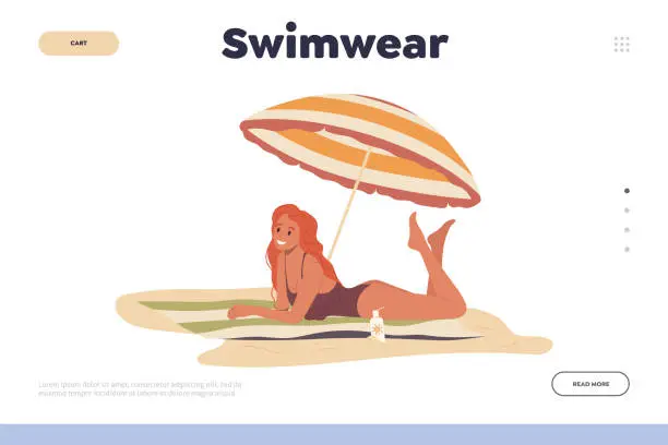 Vector illustration of Swimwear landing page design template with cartoon smiling girl sunbathing on beach under umbrella