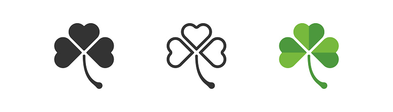 Clover with three leafs simple icon. St Patrick's day, leprechaun symbols. Green lucky clover sign. Flat design. Vector illustration.
