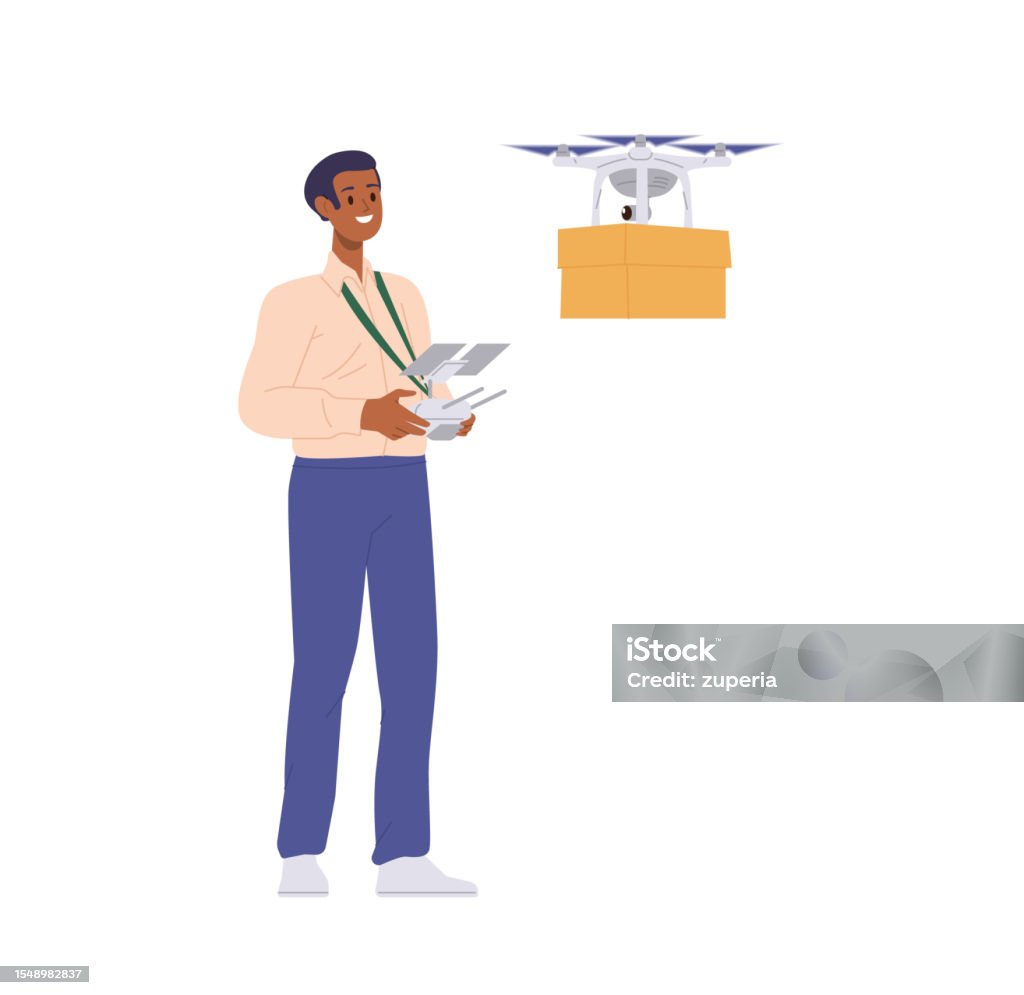 Delivery Man Using Remote Cheerful Man Cartoon Character Operating Delivery Drone Remote Control ...