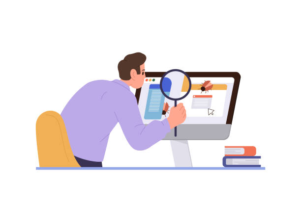 Male engineer quality assurance programmer character engaged in computer software debugging Professional male engineer quality assurance programmer cartoon character engaged in computer software debugging fixing and catching pc program virus vector illustration isolated on white background debug stock illustrations