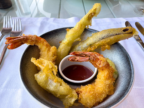 Tempura shrimp with tempura coated courgette