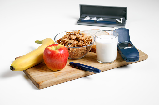 Healthy diabetic breakfast with testing and delivery devices.