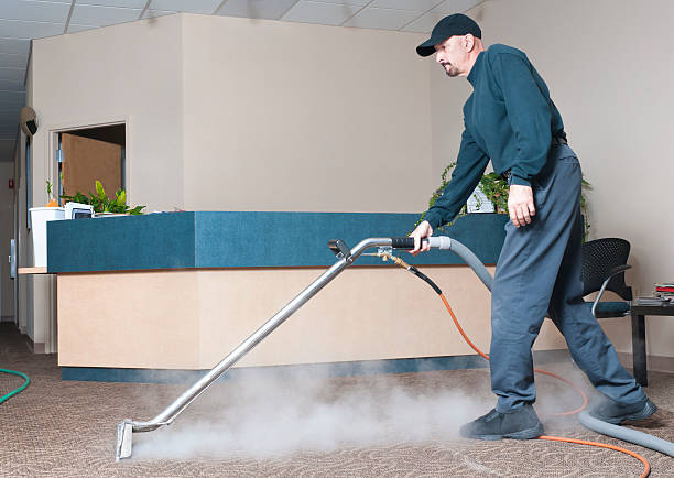 Professional Carpet Cleaner - Man Steam Cleaning stock photo