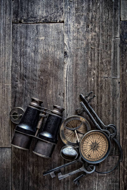This is a close up photograph of a Antique Compasses on Old Wood