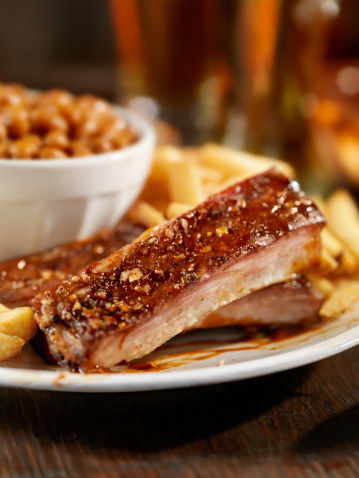 Baby Back Pork Ribs With Baked Beans, French Fries and a Beer.-Photographed on Hasselblad H3D2-39mb Camera