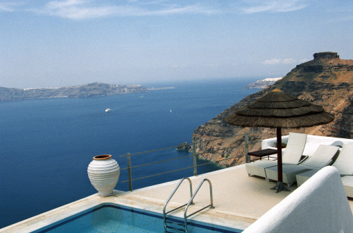 White roof with view over the caldera, Santorini, Greece.