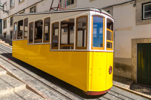 The Gloria Funicular in the city center of Lisbon in a beautiful summer day, Portugal