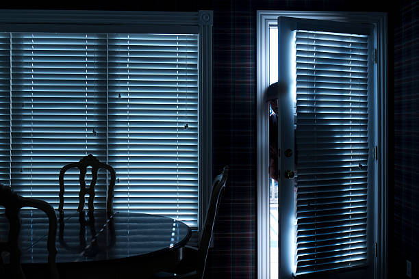 Burglar Breaking In To Home At Night Through Back Door This photo illustrates a burglary or thief breaking into a home at night through a back door. View from inside the residence. burglary stock pictures, royalty-free photos & images