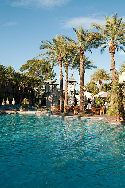 Arizona Biltmore Hotel swimming pool at noon with palm trees stock photo