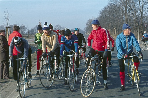 Berlin (West), Germany, 1975. A group of recreational cycling enthusiasts on a weekend tour on the outskirts of Berlin.