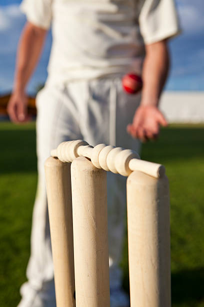 Cricket stumps and player in the background Cricket stumps and player in the background test cricket stock pictures, royalty-free photos & images