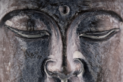 A close up image of the face of a Buddha statue.