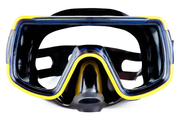 Black diving mask with yellow border. Isolated, studio shot. 